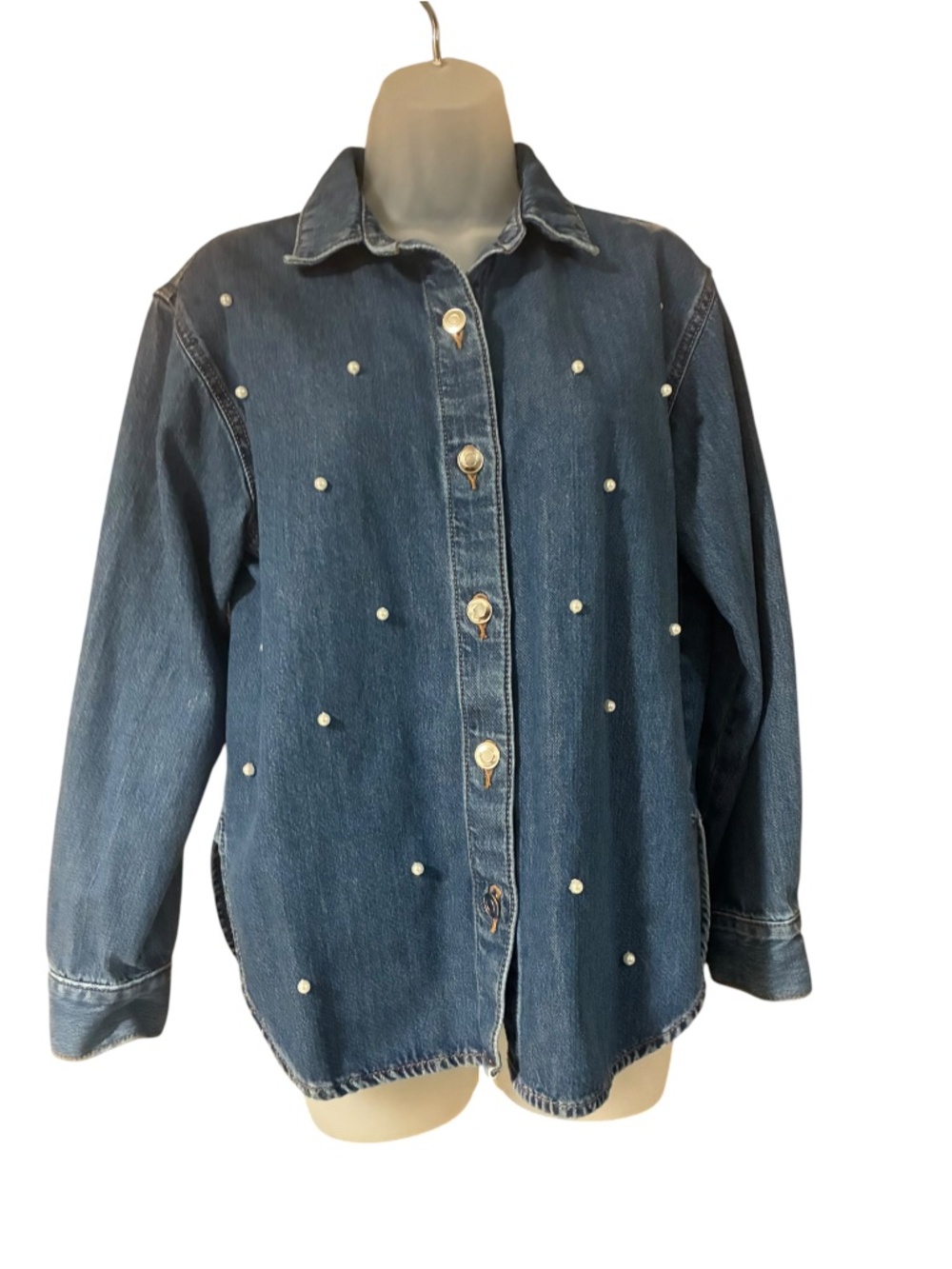 Loft Denim Jacket/Shirt With Pearl like embellishments Size Petite Medium